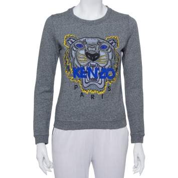 Pre Owned Kenzo Grey Cotton Tiger Embroidered Crewneck Sweater S