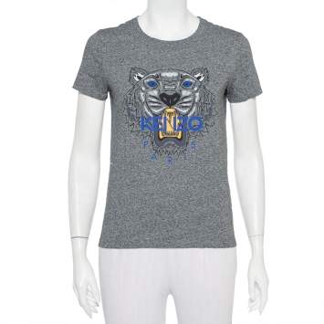 Pre Owned Kenzo Grey Cotton Tiger Printed Crewneck T-Shirt S