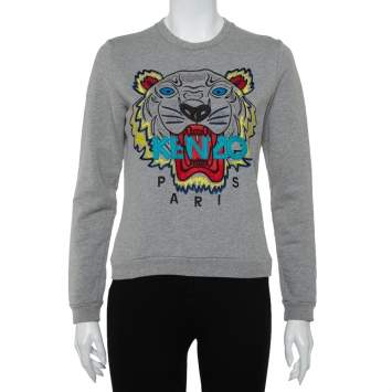 Pre Owned Kenzo Grey Tiger Logo Embroidered Cotton Crewneck Sweatshirt M