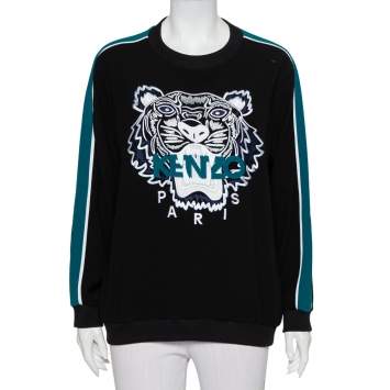 Pre Owned Kenzo Black Crepe Tiger Logo Embroidered Contrast Detail Crewneck Sweatshirt L