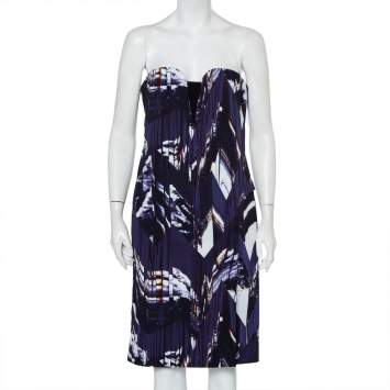 مملوكة مسبقًا Kenzo Blue Textured Abstract Printed Strapless Dress L
