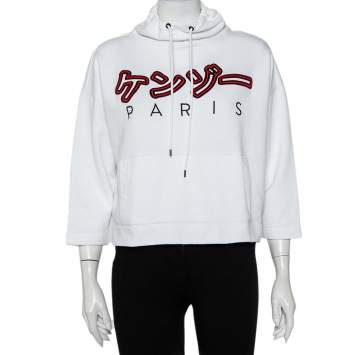 Pre Owned Kenzo White Cotton Embroidered Drawstring Detail Oversized Sweatshirt M
