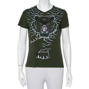 Pre Owned Kenzo Green Geo Tiger Printed Cotton Crewneck T-Shirt S