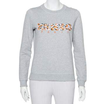 Pre Owned Kenzo Grey Floral Logo Embroidered Cotton Crewneck Sweatshirt S