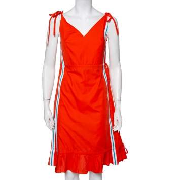 مملوكة مسبقًا Kenzo Orange Cotton Striped Trim Tie Detail Ruffled Dress M