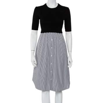 مملوكة مسبقًا Kenzo Black Knit & Striped Cotton Paneled Midi Dress S