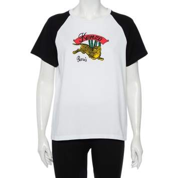 Pre Owned Kenzo White Cotton Contrast Sleeve Momento Tiger Printed T-Shirt L