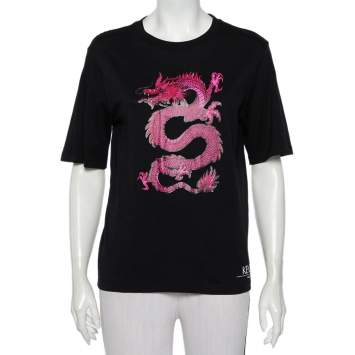 Pre Owned Kenzo Black Dragon Printed Cotton Crewneck T-Shirt M