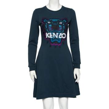 مملوكة مسبقًا Kenzo Teal Tiger Embroidered Cotton Sweater Dress S