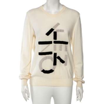 Pre Owned Kenzo Cream Knit Inlaid Logo Crewneck Sweater L 