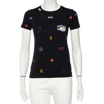 Pre Owned Kenzo Black Cotton Embroidered Tiger Detail Multi Logo T-Shirt XS