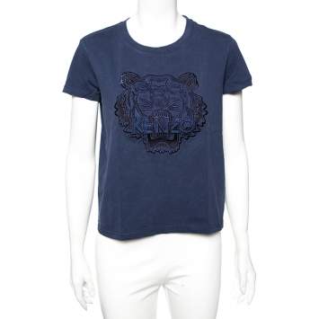 Pre Owned Kenzo Blue Cotton Tiger Embroidered Detail Round Neck T-Shirt S
