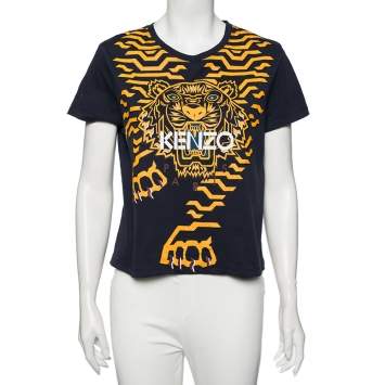 Pre Owned Kenzo Blue Cotton Tiger Logo Printed Round Neck T-Shirt M