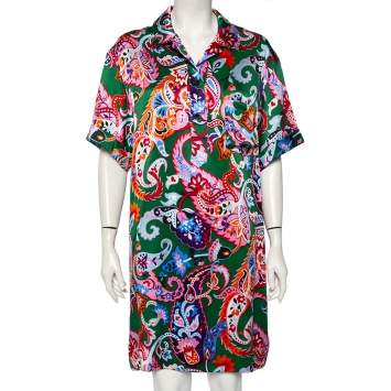 Pre Owned Kenzo Green Paisley Print Silk Shirt Dress L 