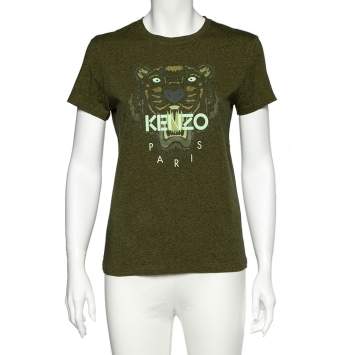 Pre Owned Kenzo Olive Green Tiger Print Melange Cotton Crew Neck T-Shirt M