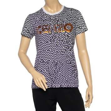 Pre Owned Kenzo Black Zig Zag Logo Print Cotton Crew Neck T-Shirt M