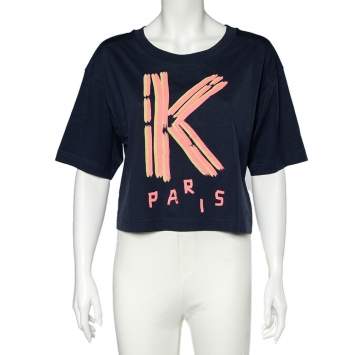Pre Owned Kenzo Navy Blue K Logo Print Cotton Crew Neck Cropped T-Shirt XL