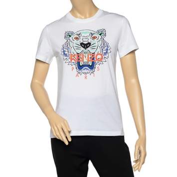 Pre Owned Kenzo White Tiger print Cotton Crew Neck T-Shirt M