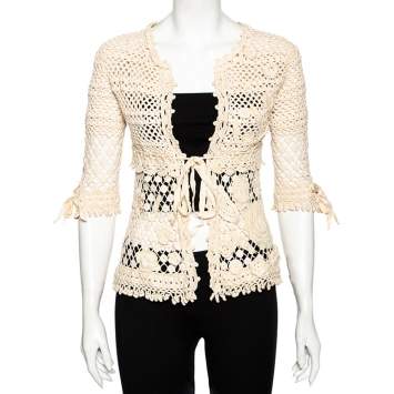 Pre Owned Kenzo Cream Crochet Knit Floral Detailed Tie-Up Jacket M