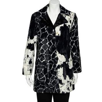 Pre Owned Kenzo Jungle Monochrome Cow Printed Faux Fur Button Front Coat M