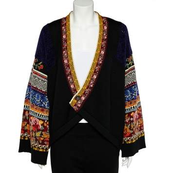 Pre Owned Kenzo Vintage Black Wool Knit Floral Jacquard Patterned Asymmetrical Shrug L