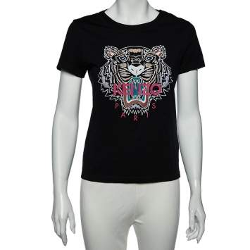 Pre Owned Kenzo Black Tiger Print Cotton Crew Neck T-Shirt S
