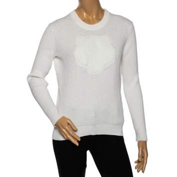 Pre Owned Kenzo White Textured Knit Tiger Embossed Crewneck Sweatshirt M