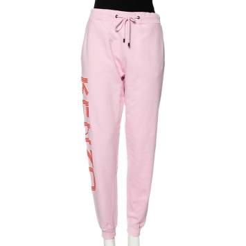 Pre Owned Kenzo Pink Cotton Rib Knit Detailed Logo Printed Sweatpants L