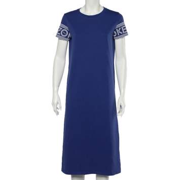 Pre Owned Kenzo Blue Cotton Logo Band Detailed Short Sleeve Midi T-Shirt Dress S 
