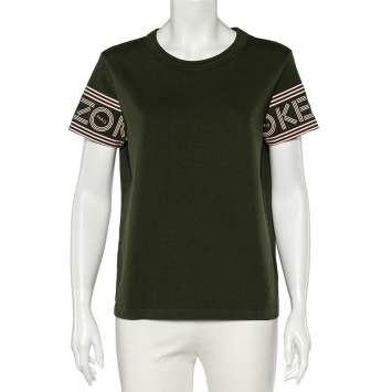 Pre Owned Kenzo Dark Green Cotton Logo Detail Round Neck T-Shirt M
