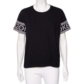 Pre Owned Kenzo Black Cotton Knit Logo Print Sleeve T-Shirt XL