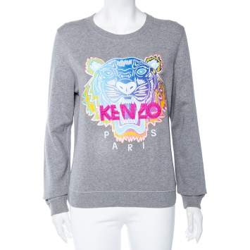 Pre Owned Kenzo Grey Cotton Tiger Embroidered Crewneck Sweatshirt L
