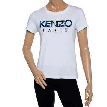 Pre Owned Kenzo White Cotton Logo Embroidered Short Sleeve T-Shirt M