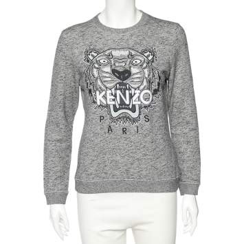 Pre Owned Kenzo Jungle Grey Slub Terry Tiger Embroidered Sweatshirt M