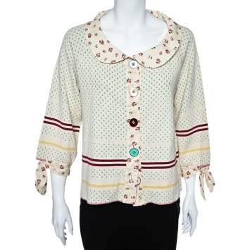 Pre Owned Kenzo Cream Patterned Knit & Cotton Trim Detail Button Front Sweater Top XL