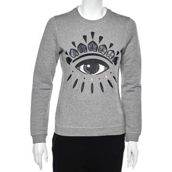 Pre Owned Kenzo Grey Eye Embroidered Cotton Knit Sweatshirt S