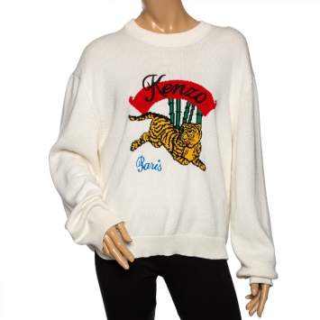 Pre Owned Kenzo Off White Cotton Knit Jumping Tiger Logo Embroidered Sweater XL