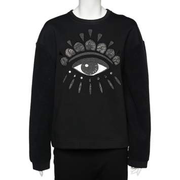 Pre Owned Kenzo Black Fleece Lined Lotus Eye Embroidered Neoprene Sweatshirt M