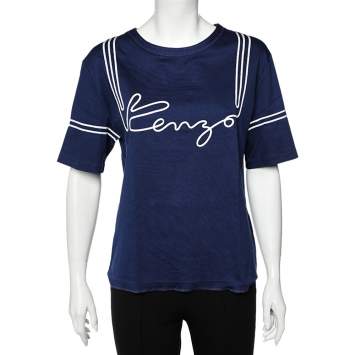 Pre Owned Kenzo Navy Blue Cotton  Logo Trim Detail T-Shirt L