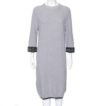 Pre Owned Kenzo Grey Knit Logo Trimmed Detailed Long Sleeve Sweater Dress S