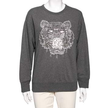 Pre Owned Kenzo Grey Cotton Tiger Embellished Long Sleeve Sweatshirt S