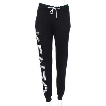 Pre Owned Kenzo Black Cotton Logo Printed Joggers XS