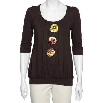 Pre Owned Kenzo Brown Knit Floral Applique Detailed Top S