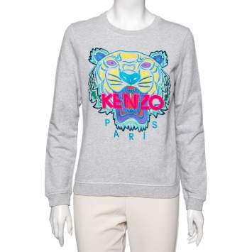 Pre Owned Kenzo Grey Tiger Embroidered Cotton Crew Neck Long Sleeve Sweater M