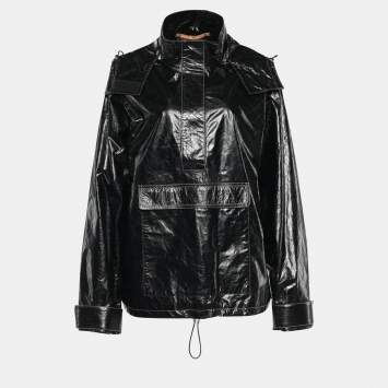 مملوكة مسبقًا Kenzo Black Crackled Leather Hooded Windbreaker Jacket M