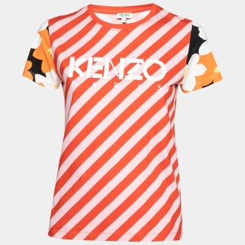 Pre Owned Kenzo Red Paprika Striped Cotton Logo Printed Short Sleeve T-Shirt M