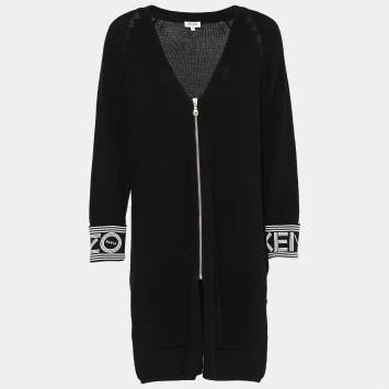 Pre Owned Kenzo Black Knit Logo Printed Cuff Detail Zip Front Long Cardigan S