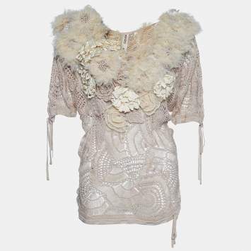 Pre Owned  Kenzo Beige Knit Floral Applique Blouse M