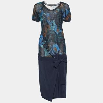 Pre Owned Kenzo Floral Print Knit Bodice Faux Wrap Dress XL