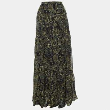 Pre Owned Kenzo Defile Black Paisley Print Silk Maxi Skirt L
